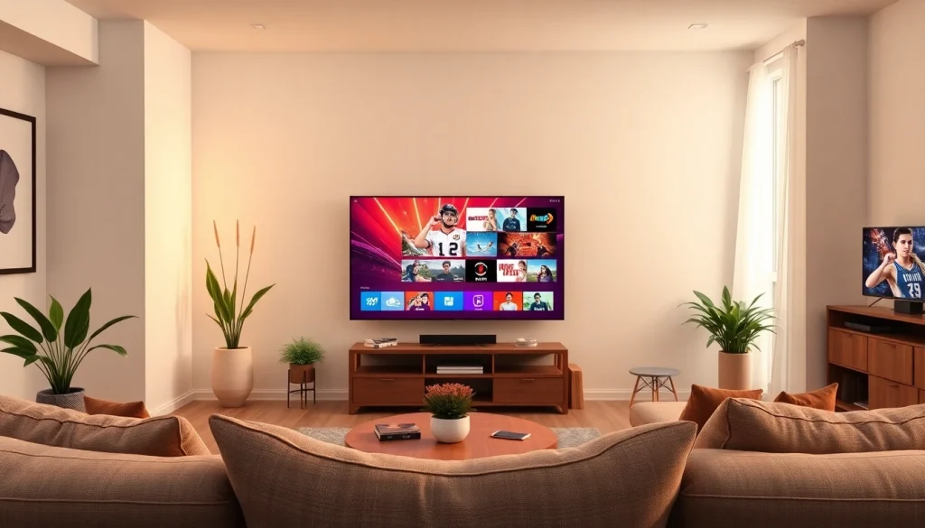 Experience Abonnement IPTV in a cozy living room setting with a large TV showcasing vibrant content.
