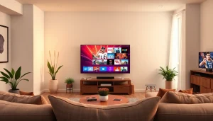 Experience Abonnement IPTV in a cozy living room setting with a large TV showcasing vibrant content.