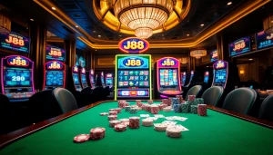 Experience the j88 slot machine amidst vibrant casino action with colorful chips and cards.