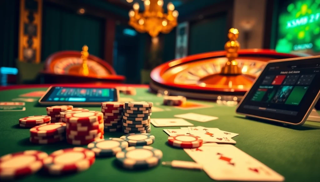 XSMB247 poker chips and playing cards on a luxurious casino table.