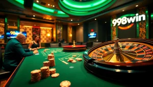 Experience thrilling poker action at 98win's modern gambling table with vibrant lights and chips.