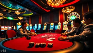 Experience the excitement of tr88 casino with a vibrant poker scene and roulette wheel.