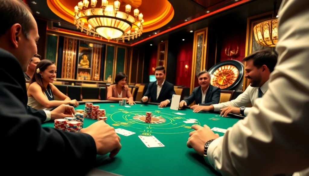 Players enjoying an intense Texas Hold'em game at 789f casino with vibrant chips and luxurious ambiance.
