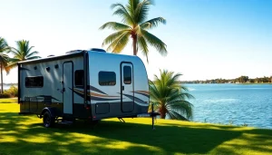 Explore a sleek trailer rental near Tampa Bay set against a vibrant lakeside backdrop.