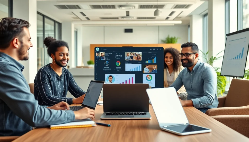 Engaged team posting remote sales jobs during a virtual meeting in a modern workspace.