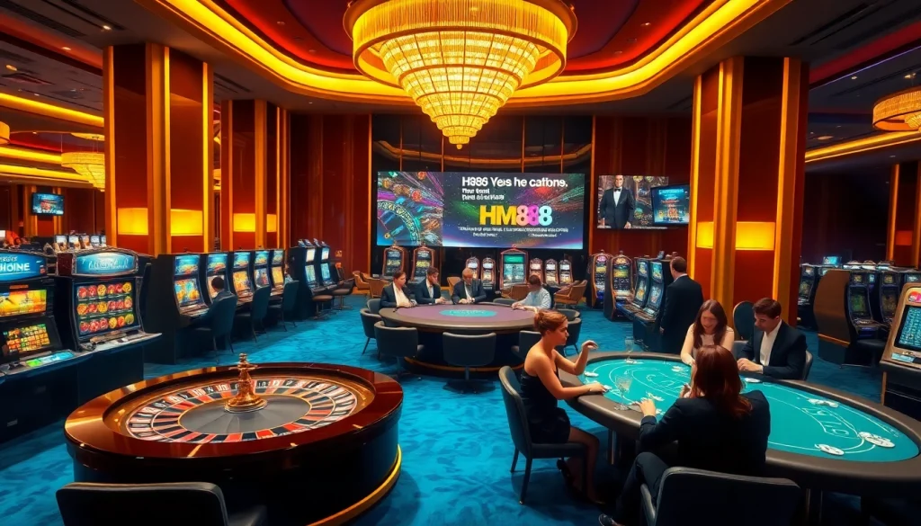 Excited gamblers enjoying a luxury casino atmosphere with hm88 promotions and vibrant tables.
