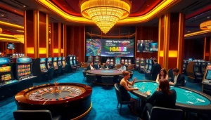 Excited gamblers enjoying a luxury casino atmosphere with hm88 promotions and vibrant tables.