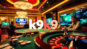 K9k9 casino setting with luxurious poker and roulette tables, highlighting dynamic gaming action.