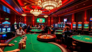 Experience the thrill of gaming at 222BD with lively poker tables and vibrant casino visuals.