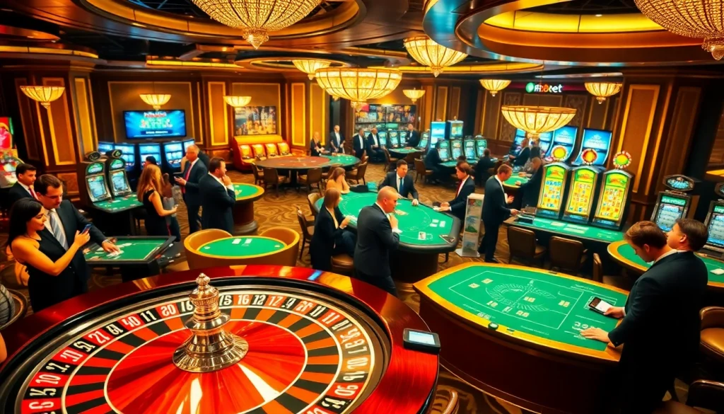 Experience the excitement of gambling at https://f8bet.ventures/ with a luxurious casino scene featuring a roulette wheel.