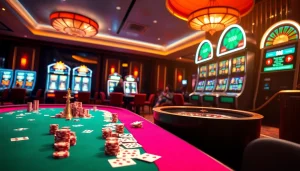 Experience the thrill of RR88 as players engage in dynamic casino games with vibrant poker chips and exciting slot machines.