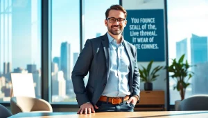 Showcasing founder leadership insights through a confident leader in a modern office.