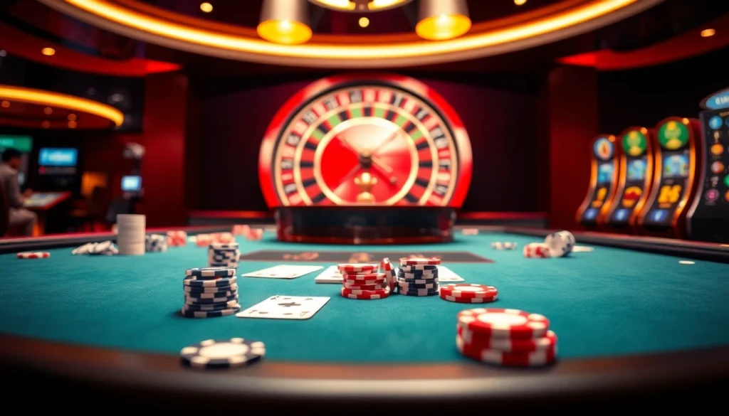 Experience thrilling gaming action at https://tg88co.com/ with vibrant casino tables, colorful poker chips, and digital betting interfaces.