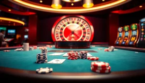 Experience thrilling gaming action at https://tg88co.com/ with vibrant casino tables, colorful poker chips, and digital betting interfaces.