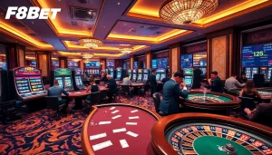 Experience F8BET excitement on a luxurious casino floor with vibrant slot machines and poker tables.