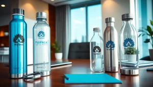 Gertuves su logotipu rodomos moderniame biure, demonstruojančios pritaikomus vandens butelius.