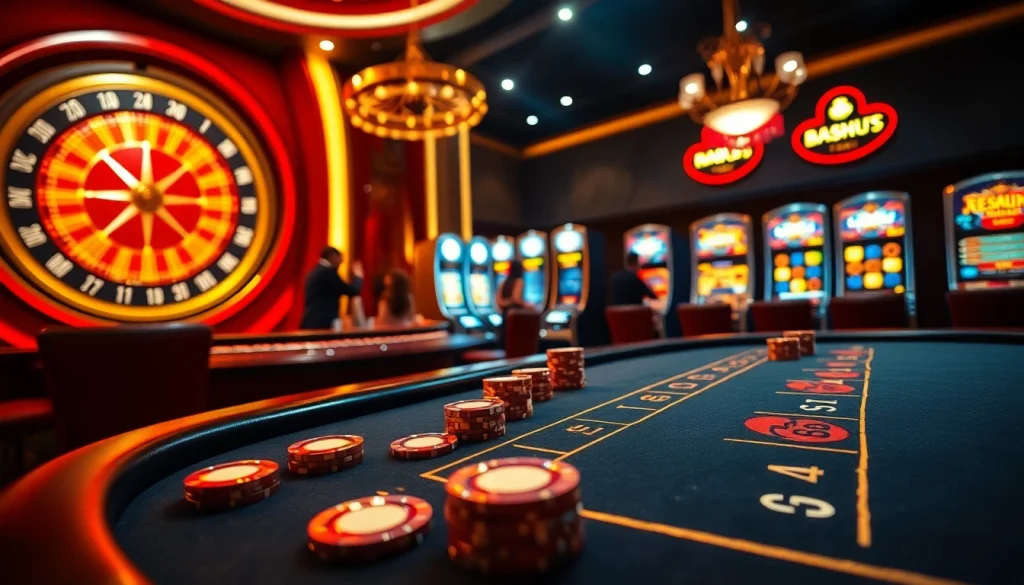 Exciting gameplay at https://nk888.it.com/ with vibrant blackjack and roulette tables in a luxurious casino.