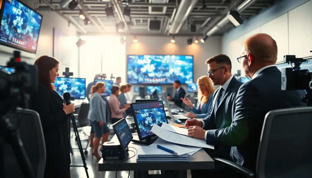 Journalists reporting the latest news at https://www.thedailynewsonline.com newsroom with energetic focus.