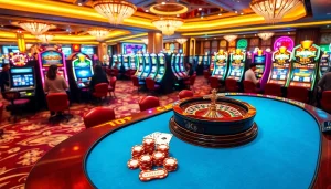 Experience thrilling bk8 สล็อต action at a vibrant casino table, complete with chips and cards.