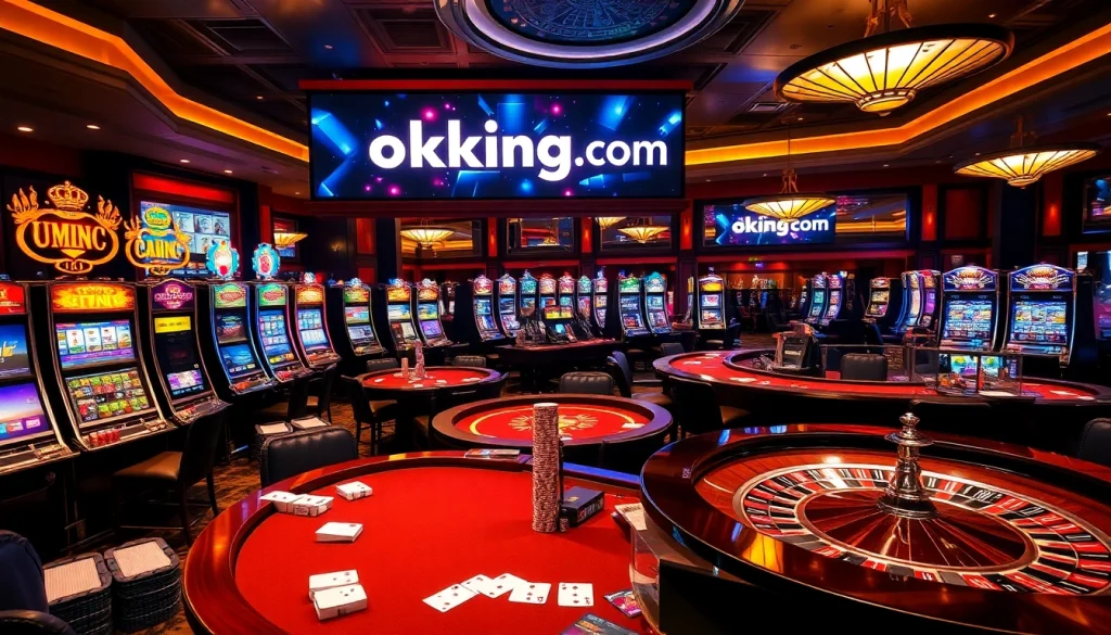 Experience the excitement of high-stakes gaming at okking com, featuring vibrant slot machines and poker tables.