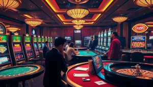 Experience thrilling gameplay at UU88 casino with vibrant slot machines and poker tables.