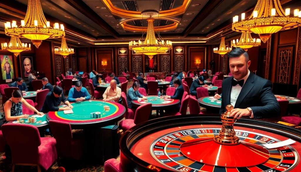 Experience the excitement of MM88 with players at casino tables and vivid betting action.