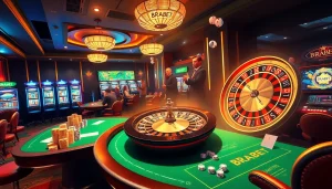 BRABET showcases an exciting casino scene with poker chips, roulette wheel, and vibrant slot machines.