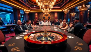 Players enjoying an exciting game at 8kbet casino, surrounded by luxurious decor and vibrant energy.