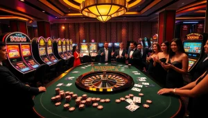 SODO66 gaming table with vibrant slot machines and excited gamblers, showcasing luxury casino experience.