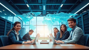 快连下载 - Global network acceleration service with diverse tech experts in a modern office.