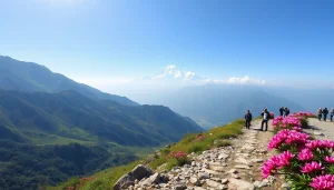Manaslu Circuit Trek featuring stunning mountains, trekkers exploring rugged trails, and vibrant rhododendrons.