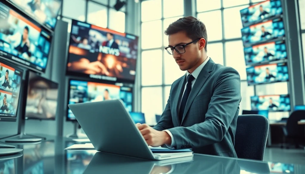 Journalist covering breaking news for Usa Today in a vibrant newsroom.