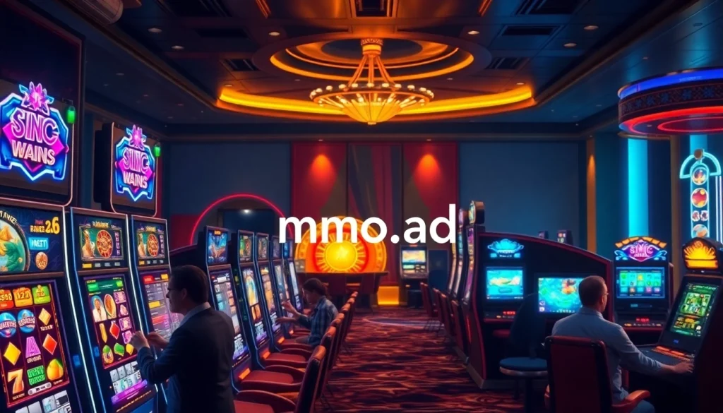 Immersive online gambling experience at MMOO casino, featuring vibrant slot machines and sophisticated gaming interfaces.