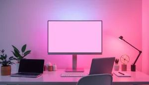 Experience the soothing pink screen for enhanced creativity and ambiance in a modern workspace.