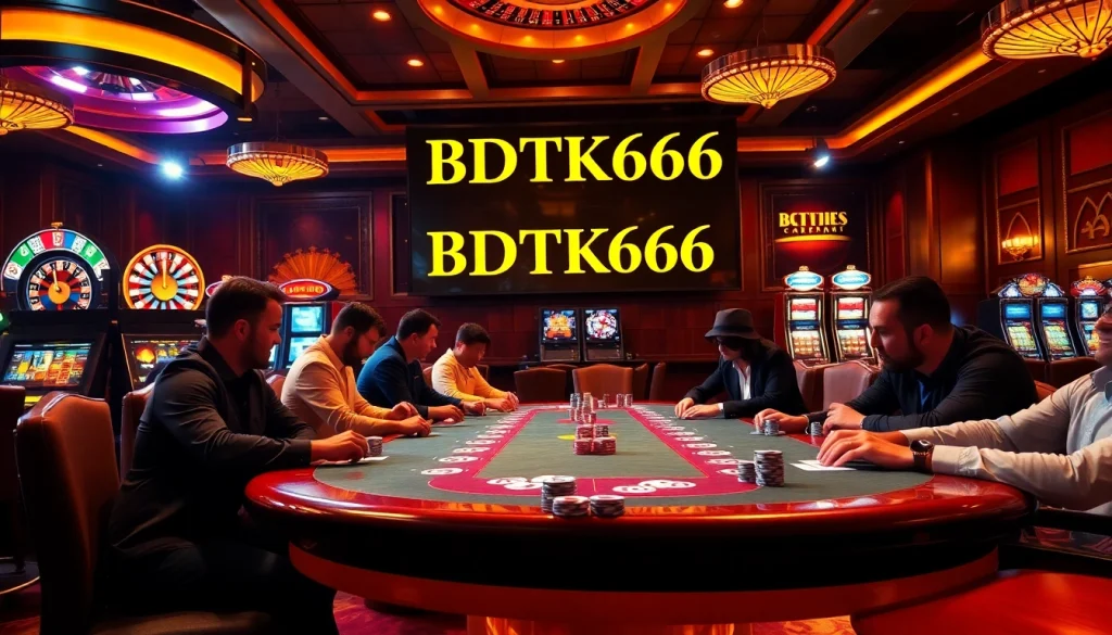 Players enjoying a thrilling poker game at BDTK666 casino with vibrant atmosphere.