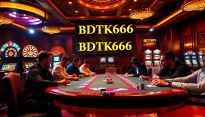 Players enjoying a thrilling poker game at BDTK666 casino with vibrant atmosphere.