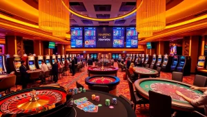 Experience exciting gameplay at Haywin's vibrant casino with roulette tables and poker chips.