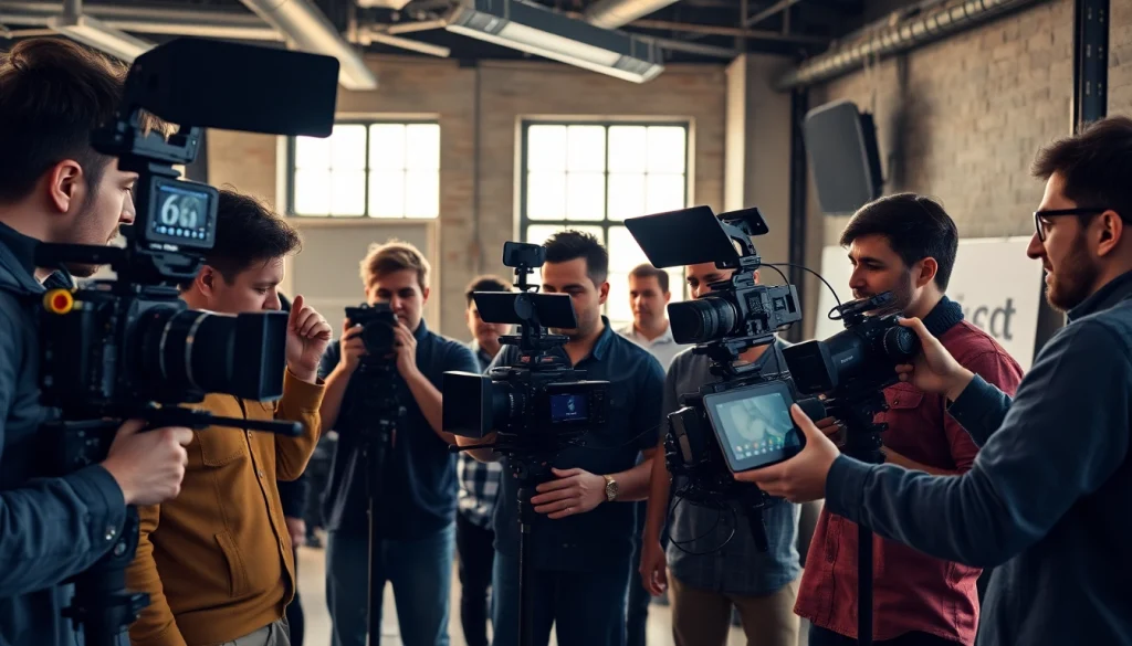 Engaged video production team in Calgary collaborating on creative project in modern studio.