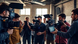 Engaged video production team in Calgary collaborating on creative project in modern studio.