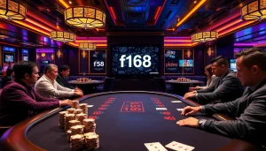 Experienced players strategizing at an upscale poker table in a casino featuring f168 ai technology.