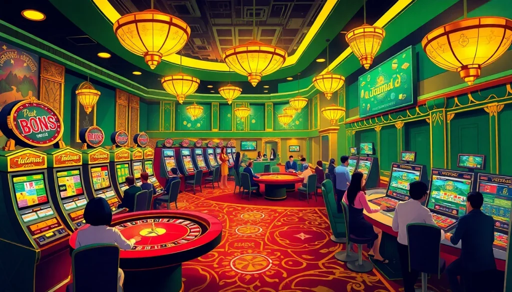 Pemain yang bermain mesin slot online sambil menggunakan login UTAMA4D di lingkungan kasino mewah.