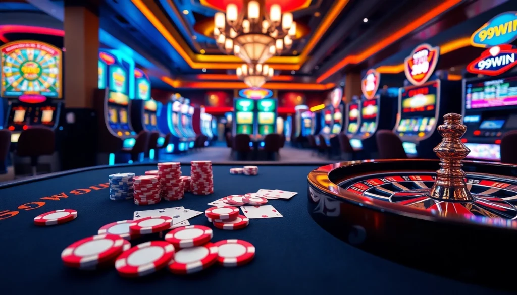 Experience thrilling gameplay at 99WIN casino with vibrant poker tables and roulette wheels.