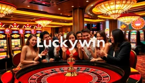 Excited players at a Luckywin roulette table in a vibrant casino atmosphere filled with chips and cards.