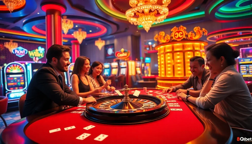Experience the thrill of 8qbet in a vibrant casino scene featuring engaging players, roulette, and slot machines.