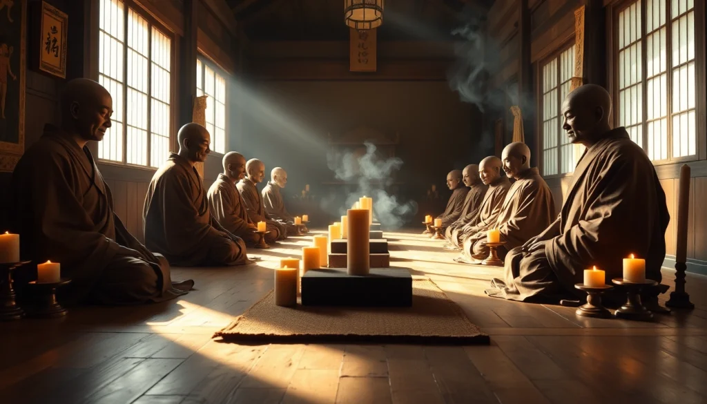 即身仏—静かな寺院の設定でその精神的意義を示すミイラ化した仏教僧侶たち。