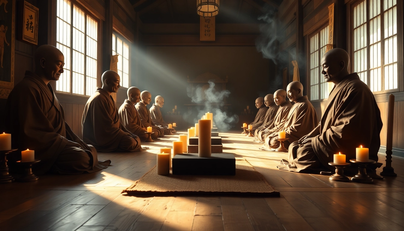 即身仏—静かな寺院の設定でその精神的意義を示すミイラ化した仏教僧侶たち。