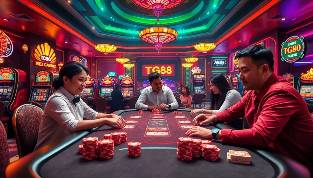 Players enjoying poker at a TG88 casino table surrounded by vibrant lights and slot machines.