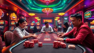 Players enjoying poker at a TG88 casino table surrounded by vibrant lights and slot machines.