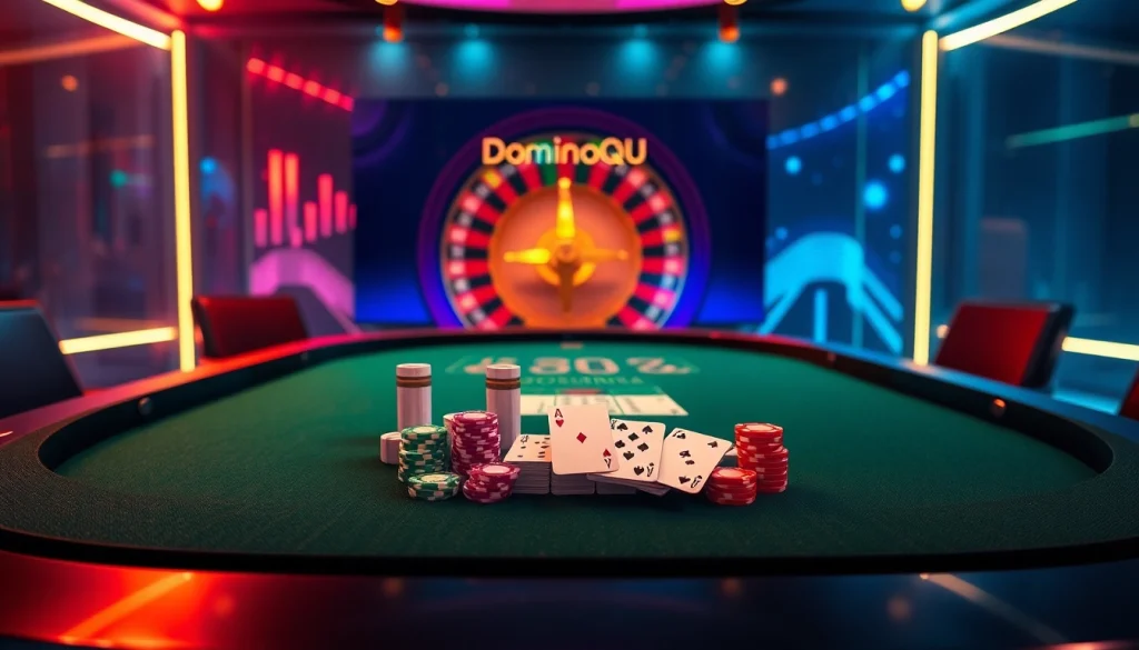 Players enjoying a thrilling Dominoqiu game, showcasing dominoes and exciting casino elements.