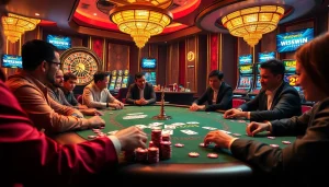 Exciting poker game at win55win.live, showcasing luxury with vibrant chips and cards.